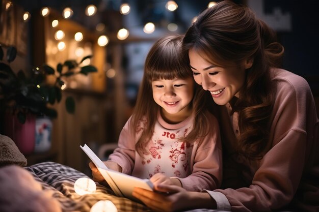 Gelukkige moeder en haar kleine dochter die's avonds thuis een boek lezen