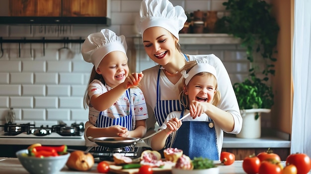 Gelukkige moeder en kinderen in de keuken Gezond