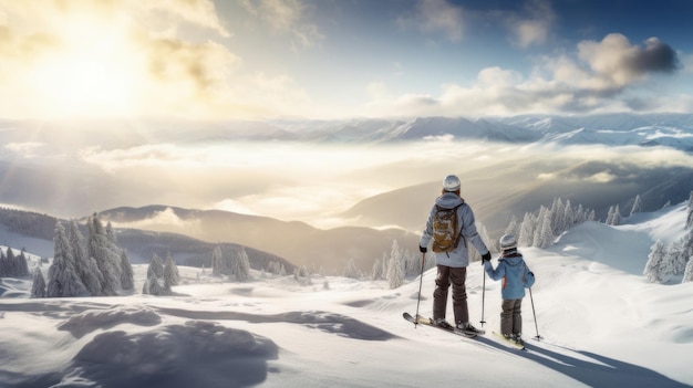 Gelukkige moeder en kleine dochter lopen door besneeuwde bergen met een prachtig landschap op een