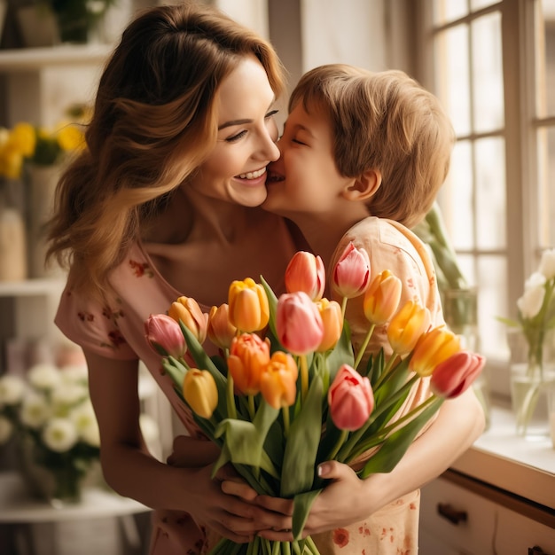 gelukkige moederdag kind zoon feliciteert moeder op vakantie en geeft bloemen
