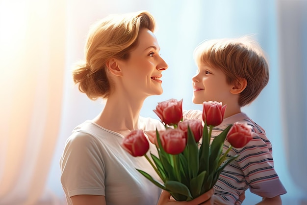 gelukkige moederdag zoon geeft bloemen voor moeder op vakantie