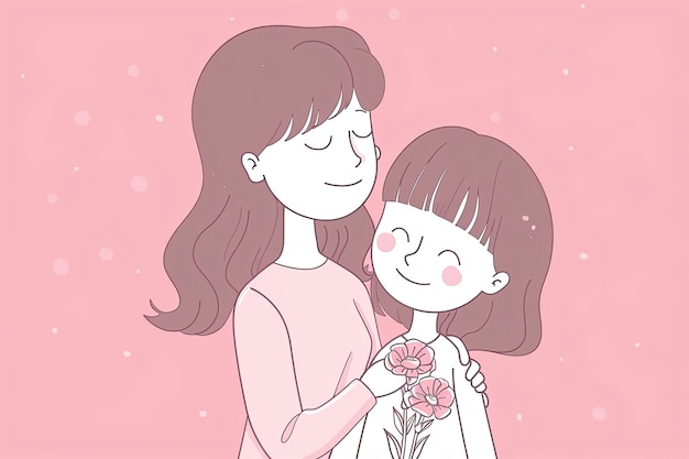 Gelukkige moederdag39s Kind dochter feliciteert moeder en geeft haar bloemen tulpen en ansichtkaart Vector illustratie