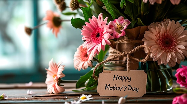 Foto gelukkige moedersdag kaartje en bloemen selectieve focus