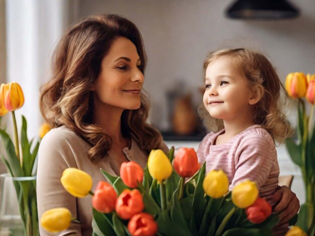 Gelukkige Moedersdag Kind dochter feliciteert moeders en geeft haar bloemen tulpen