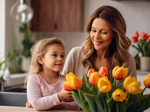 Gelukkige Moedersdag Kind dochter feliciteert moeders en geeft haar bloemen tulpen