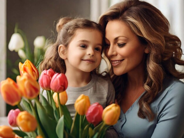 Gelukkige Moedersdag Kind dochter feliciteert moeders en geeft haar bloemen tulpen