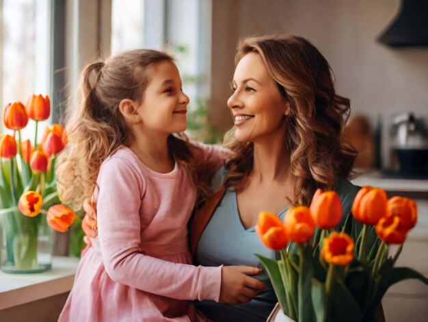 Gelukkige Moedersdag Kind dochter feliciteert moeders en geeft haar bloemen tulpen