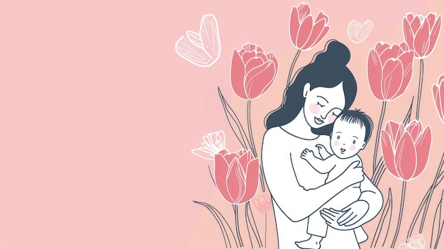 Foto gelukkige moedersdag roze achtergrond moeder met baby in haar armen en tulpen eenvoudige lijntekening