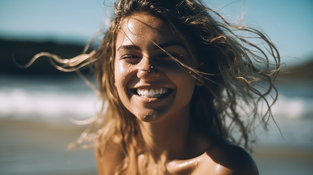 Gelukkige mooie jonge vrouw op het strand