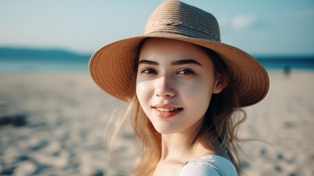 Gelukkige mooie jonge vrouw op het strand