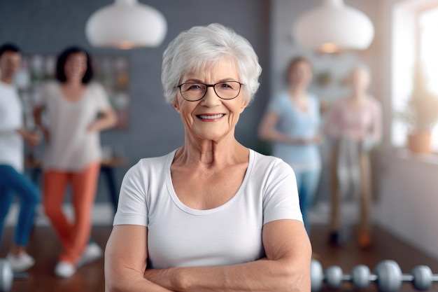 Gelukkige mooie oma in de sportschool