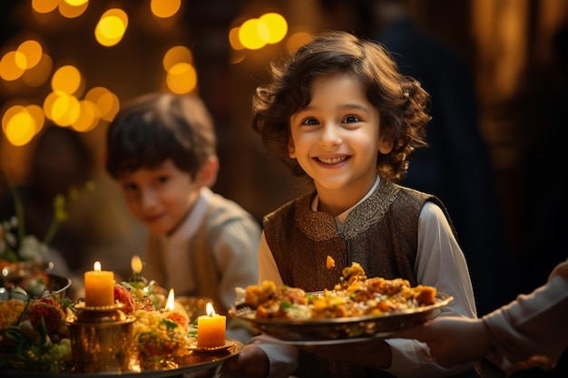 Gelukkige moslimfamilie geniet tijdens het praten tijdens het eten aan de eettafel