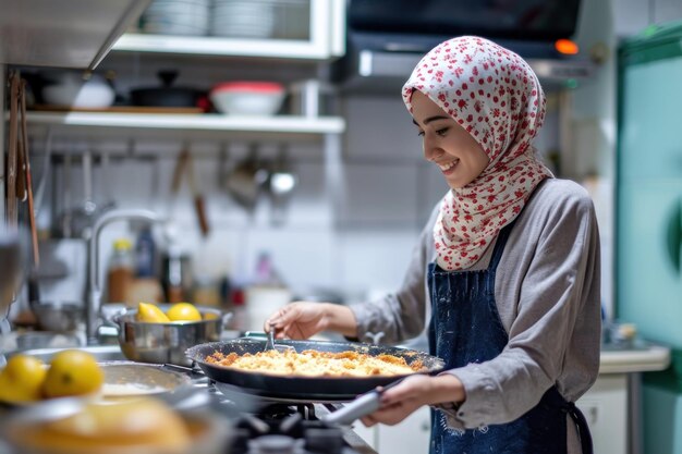 Gelukkige moslimvrouw bakt taart in de keuken Generatieve AI