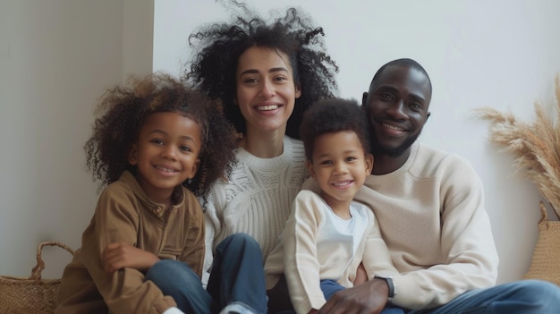 Gelukkige multi-etnische familie met kinderen die naar de camera glimlachen