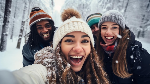 Foto gelukkige multi-etnische vrienden op een bergvakantie met sneeuw jonge mensen die plezier hebben voor de decembervakantie