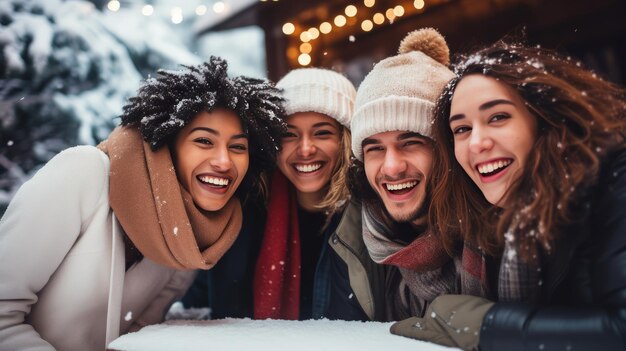 Foto gelukkige multi-etnische vrienden op een bergvakantie met sneeuw jonge mensen die plezier hebben voor de decembervakantie