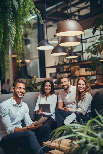 Gelukkige multiculturele zakenmensen die glimlachen terwijl ze samen in een coworkingruimte zitten