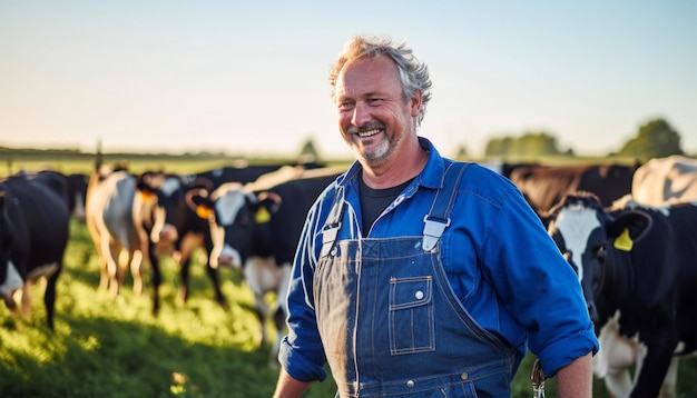 Foto gelukkige nederlandse boer portret met zijn koeien op het platteland uit de nederlandse landbouw