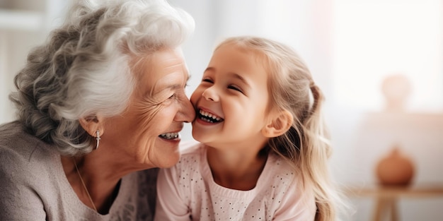 Gelukkige oma van middelbare leeftijd en kleindochtertje van voorschoolse leeftijd lachen samen