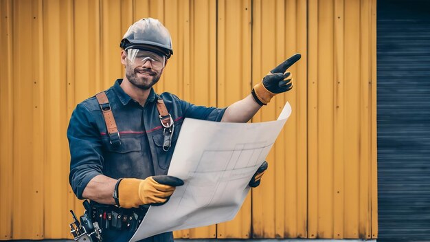 Gelukkige onderhoudsmedewerker of reparateur met vuil gezicht met beschermende bril handschoenen en riem w