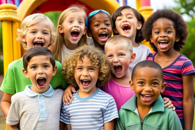 Gelukkige, opgewonden kinderen die samen plezier hebben op de speeltuin.