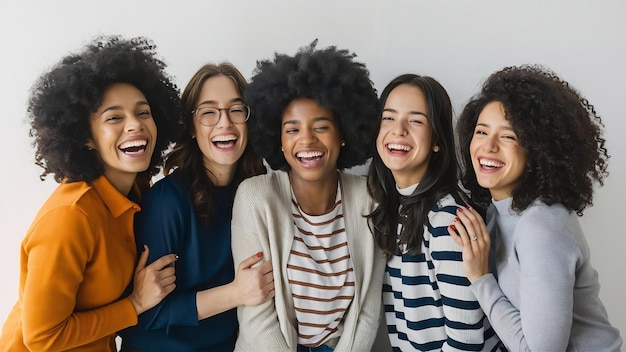 Gelukkige opgewonden vrouwen van verschillende etnische groepen lachen samen tegen een witte achtergrond