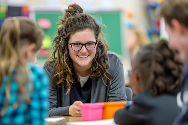 Foto gelukkige opvoeder die een les geeft en studenten betrekt in een helder klaslokaal concept onderwijs onderwijsmethoden klassenomgeving studentenbetrokkenheid onderwijsstrategieën