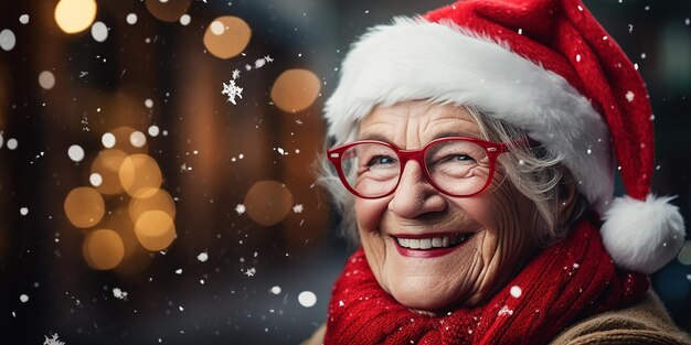 Gelukkige oude knappe vrouw in kerstmuts wandelen in de stad Kersttijd Lichte bokeh op de achtergrond