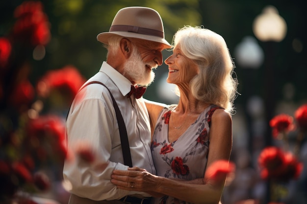 Gelukkige oude liefdespaar in het stadspark zomer