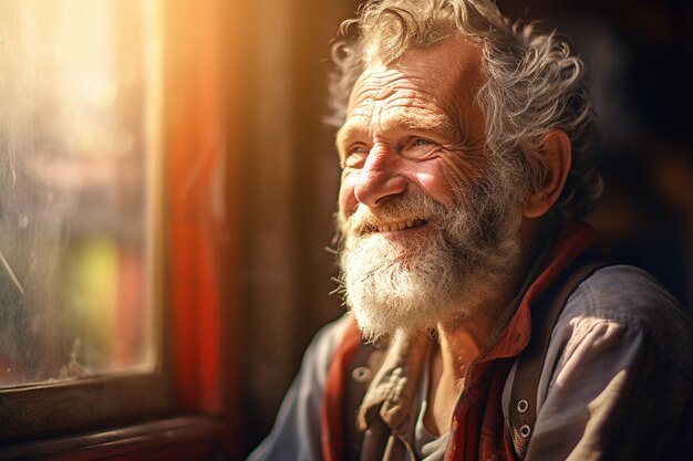 Foto gelukkige oude man glimlachend in de woonkamer bokeh stijl achtergrond