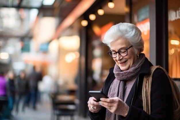 Gelukkige oude senior vrouw oma met behulp van mobiele telefoon glimlachend kijkend naar smartphone sms'en