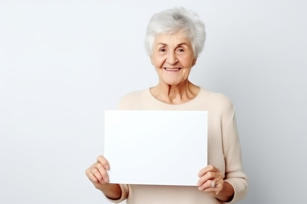 Gelukkige oude vrouw met een blank wit banner teken geïsoleerd studio portret