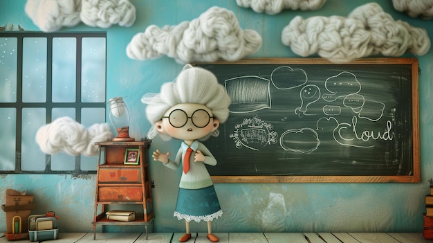 Gelukkige oude vrouwelijke lerares portret met wolk en blackboard Gelukkige leraren dag