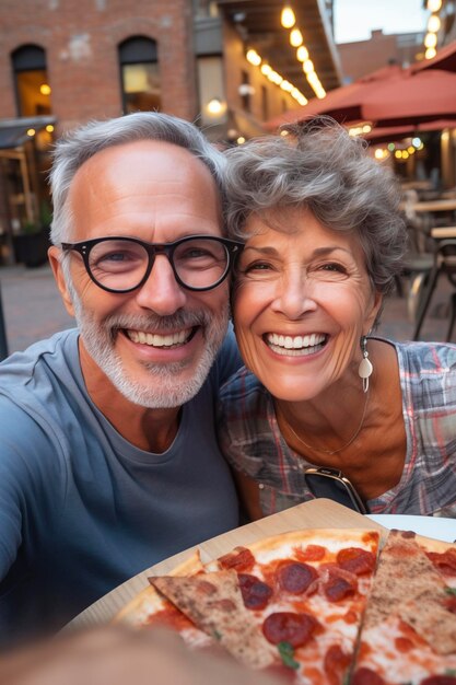 Gelukkige oudere echtpaar hebben plezier samen een pizza te eten buiten in een traditionele Italiaanse pizzeria restaurant zitten en praten en lachen Mensen genieten van eten en oudere levensstijl Toerisme