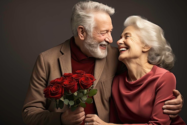 Gelukkige oudere echtpaar met een boeket rode rozen op donkere achtergrond