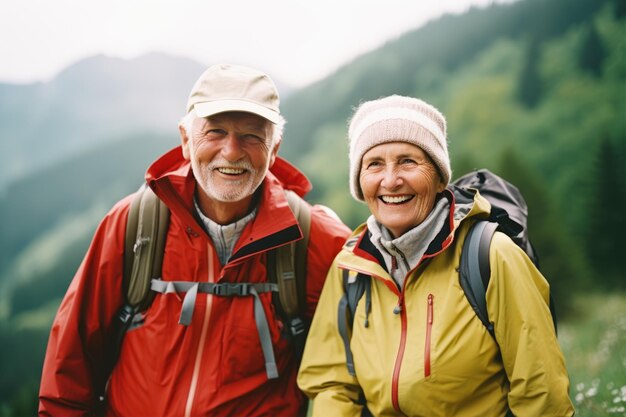 Gelukkige oudere echtpaar trekking in de bergen Actieve oudere mensen