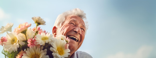 Foto gelukkige oudere man houdt een boeket bloemen in zijn handen