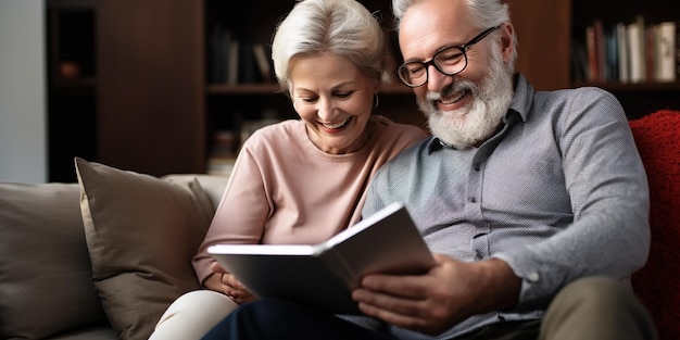 Gelukkige oudere man in een bril die een boek leest terwijl hij ontspant terwijl hij thuis op de bank zit met een volwassen vrouw die een laptop gebruikt