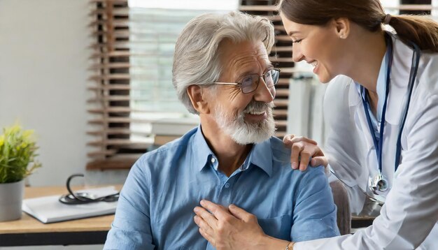 Gelukkige oudere patiënt met medische gezondheidscontrole bij een cardioloog of geriatrische arts Senior oude a