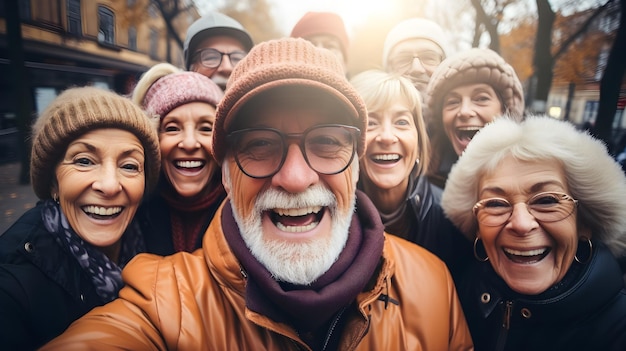 Foto gelukkige oudere vrienden die een selfie maken in de winter met de stad op de achtergrond reizen