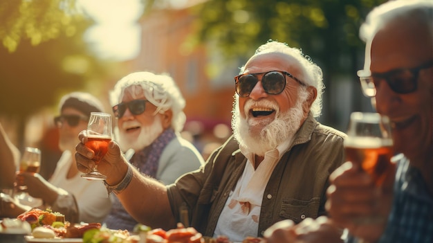 Foto gelukkige oudere vrienden drinken en eten samen en hebben plezier in de open lucht