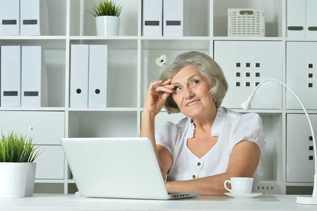 Gelukkige oudere vrouw die op laptop op kantoor werkt