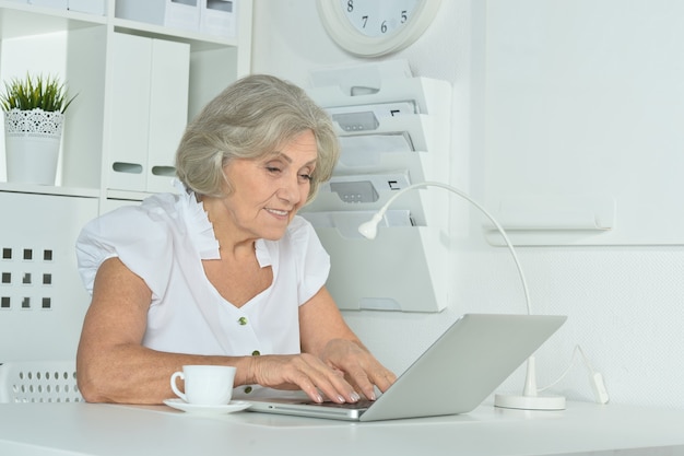 Gelukkige oudere vrouw die op laptop op kantoor werkt