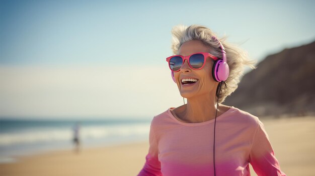 Foto gelukkige oudere vrouw die vredig op het strand loopt in sportkleding en naar muziek luistert