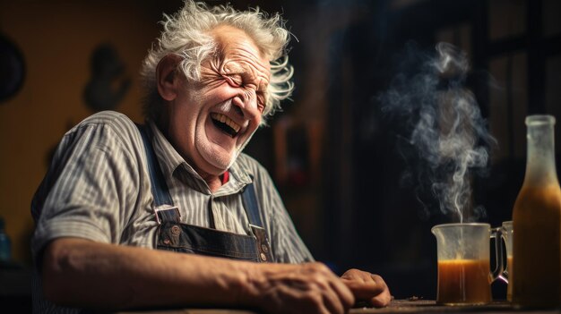 Gelukkige oudere vrouw die vrolijk lacht in een filmomgeving
