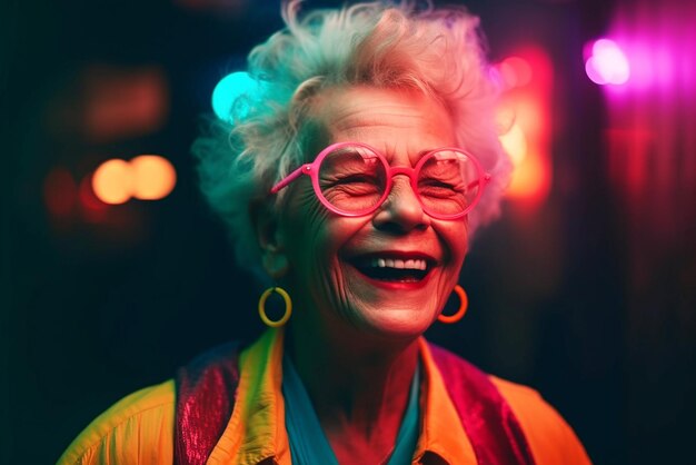 Foto gelukkige oudere vrouw grootmoeder in chique zonnebril de jeugd van haar ziel generatieve ai