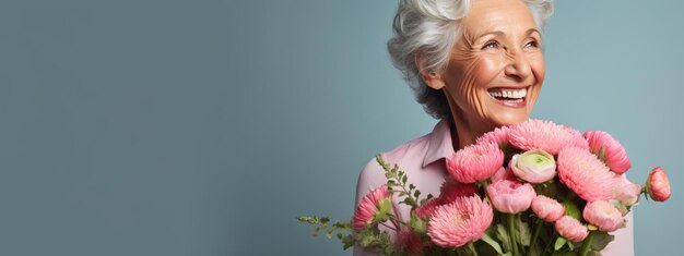 Gelukkige oudere vrouw houdt een boeket bloemen in haar handen