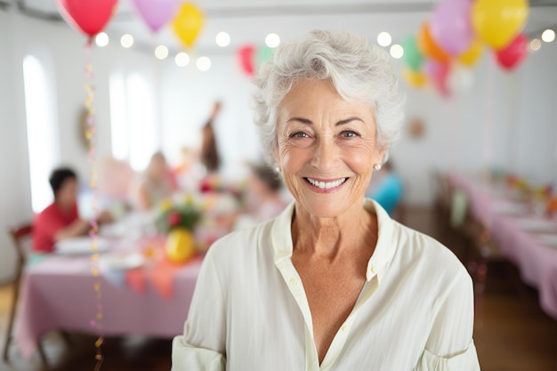 Gelukkige oudere vrouw met kort grijs haar omringd door feestdecoraties en kleurrijke ballonnen geïsoleerd op een witte achtergrond