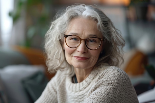 Gelukkige oudere vrouw poseert binnen voor een headshot portret