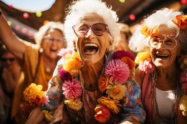 Gelukkige oudere vrouwen hebben plezier en lachen samen.